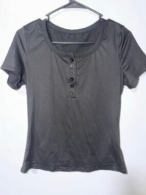 Black Short Sleeve Henley Top Button Placket Stretch Knit